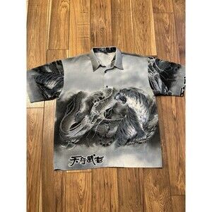 VTG Billion Bay Shirt Large Mens Short Sleeve Button Up Dragon Tiger AOP Y2K XXL